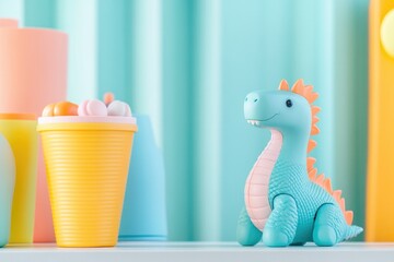 Poster - vibrant image of colorful toys neatly arranged on display table with soft lighting and clean background offering generous