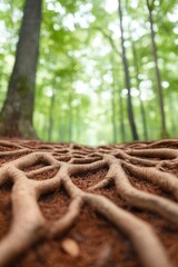 Poster - unusual perspective of tree roots intertwining like labyrinth on forest floor