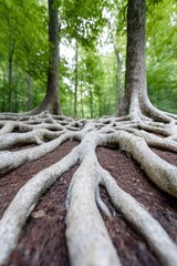 Poster - unusual perspective of tree roots intertwining like labyrinth on forest floor