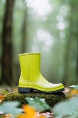 Poster - bright rubber boots resting on mossy rock in rain-drenched forest surrounded by glistening leaves and soft light