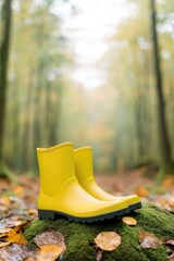 Poster - bright rubber boots resting on mossy rock in rain-drenched forest surrounded by glistening leaves and soft light