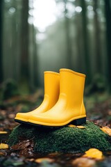 Poster - bright rubber boots resting on mossy rock in rain-drenched forest surrounded by glistening leaves and soft light