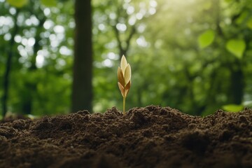 Poster - close-up of young sapling emerging from rich soil symbolic of new beginnings and growth amid forest backdrop