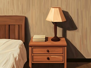 Sticker - A cozy bedroom scene featuring a wooden nightstand, a lamp, and stacked books, creating a warm and inviting atmosphere.