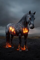 Poster - A dark gray horse, seemingly made of stone and lava, stands on dark ground under a stormy sky. Orange flames emanate from its body, creating a