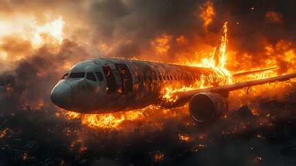 Poster - Dramatic and Apocalyptic Scene of a Passenger Airplane Crashing and Exploding in a Fiery Inferno Amid Billowing Smoke and Intense Flames Symbolizing a Catastrophic Disaster or Accident