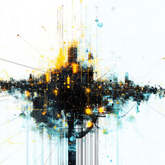 Poster - abstract digital art reminiscent of a futuristic metropolis built from light, lines and technological elements.  