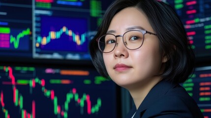 Poster - Portrait of a young businesswoman in a dark suit, glasses, looking intently at the camera against a background of financial data displayed on