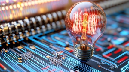 Poster - Glowing lightbulb on a circuit board, illuminated with warm light against a dark background. Concept of innovation, technology, and new ideas