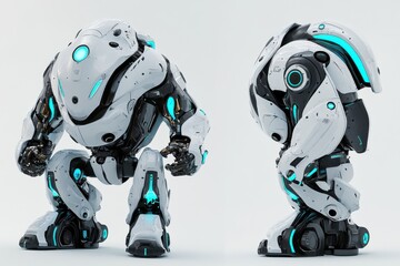 Poster - Two futuristic white and black robots with glowing blue accents, showcasing innovative design and advanced technology, set against a clean, bright white background.
