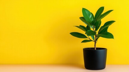 Canvas Print - Vibrant green potted plant against a sunny yellow wall. Simple, minimal setup with copy space.  Bright, cheerful image