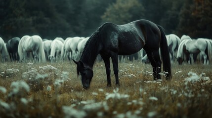 Wall Mural - Black Horse Grazing Among White Horses in a Field