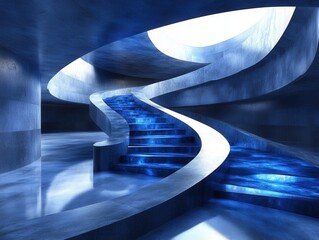 Poster - Captivating Spiral Staircase with Blue Water Feature in Modern Architecture Serene Interior Design Ascending Steps Abstract Design