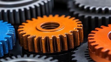 Poster - Close up view of interlocking gears in orange, blue, and gray, set against a dark background. The image emphasizes texture and intricate detail of