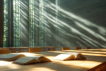 Poster - serene library with natural light and open books empty chairs and large wooden table inviting atmosphere