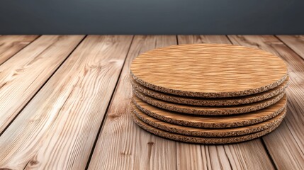 Wall Mural - Stack of light brown round coasters on a wooden surface against a gray background. Simple product display, neutral tones