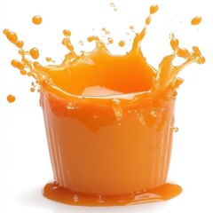 Poster - Refreshing splash of vibrant orange juice in a glass against a pristine white background capturing dynamic movement and energy ideal for healthy lifestyle concepts
