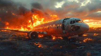 Aufkleber - Dramatic scene of a fiery plane crash aftermath with the aircraft engulfed in flames and thick smoke billowing across a desolate apocalyptic looking landscape  Debris and wreckage litter the ground