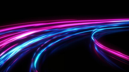 Fototapete - Curved neon light trails. Fast-moving blue and pink laser lines creating glowing energy effects. Abstract road speed background. Horizontal banner web cover, print ad, presentation, brochure template