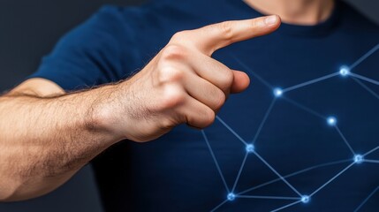 Poster - close up of a male hand gesturing, pointing towards a glowing network of interconnected nodes agains