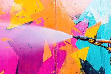 Poster - vibrant city mural being cleaned by worker with pressure washer creating splashes of water and wide copy space