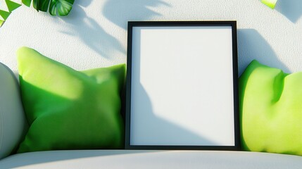 Canvas Print - Mockup photo frame surrounded by green pillows on a white textured surface. The frame is black, contrasted with the white background and green