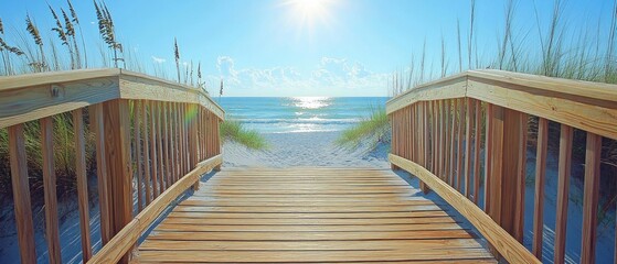 Poster - Serene beach access with wooden boardwalk leading to turquoise ocean under bright sunlight and blue sky creating a tranquil coastal view