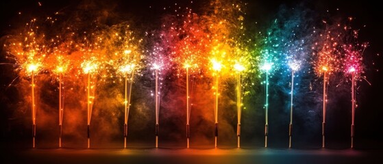 Poster - Vibrant sparkler display against dark backdrop creating a rainbow of light for festive celebration and holiday spirit