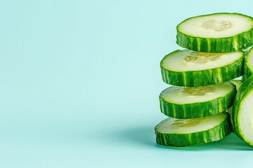Poster - bold close-up of sliced cucumbers arranged in stacked pattern surrounded by soft reflections and ample copy space