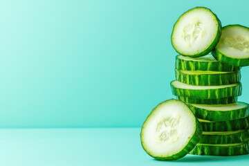 Poster - bold close-up of sliced cucumbers arranged in stacked pattern surrounded by soft reflections and ample copy space