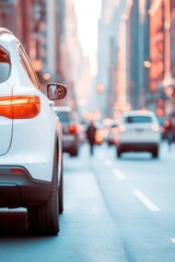 Poster - busy city street with car-sharing vehicles in motion alongside other traffic pedestrians on sidewalks and tall urban
