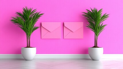 Poster - two potted plants flank two pink envelopes on a vibrant pink wall. minimalist interior design with a