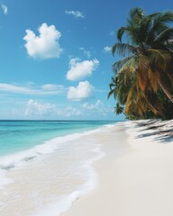 Poster - Serene tropical beach paradise with turquoise ocean, white sand, palm trees, and fluffy clouds under a clear blue sky casting a peaceful mood.