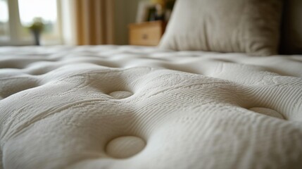 Poster - close up of a luxurious and comfortable mattress with soft texture and neutral tone in a serene bedr