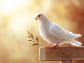 Poster - Serene white dove perched on wooden fence with olive branch symbolizing peace and hope in golden light