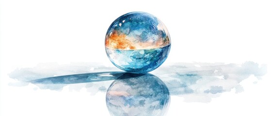Poster - Ethereal Watercolor Sphere Reflecting a Dreamy Horizon on a White Canvas Serene Artistic Composition and Minimalist Design for Creative Projects