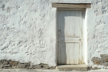 Poster - Rustic whitewashed door in sunlit stucco wall evoking mediterranean charm and architectural simplicity enhancing a sense of history and timelessness in a bright day
