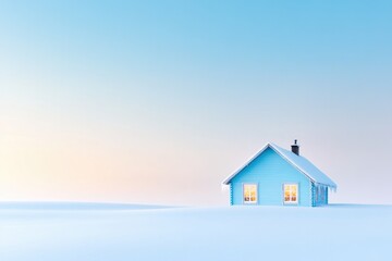 Poster - cozy cabin with frost-covered sits in snowy field under golden light creating tranquil and inviting scene with ample