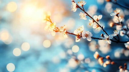 Poster - Delicate cherry blossoms bloom against a soft blue background as sunlight filters through. The fresh scent of spring fills the air, creating a serene atmosphere filled with new beginnings.