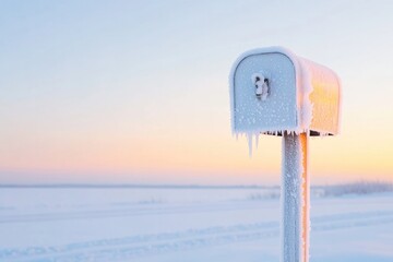 Poster - frost-covered mailbox in quiet rural setting catches light of cold morning creating serene and minimalistic image with
