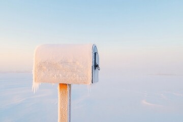 Poster - frost-covered mailbox in quiet rural setting catches light of cold morning creating serene and minimalistic image with