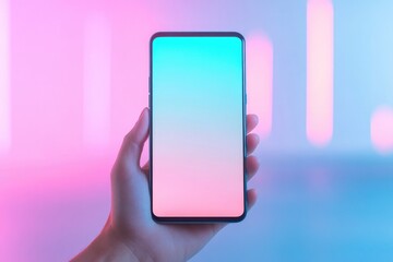 Poster - futuristic minimalistic smartphone held in hand showcasing large screen with ample copy space and sleek design while