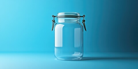 Poster - minimalistic depiction of transparent glass jar with metal lid centered on deep blue solid background with ample copy