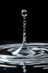 Poster - Captivating water drop collision with surface creating ripples in dark background in studio shot