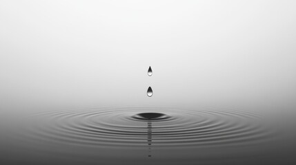 Poster - Serene monochrome capture of water droplets falling creating ripples in a calm reflective surface