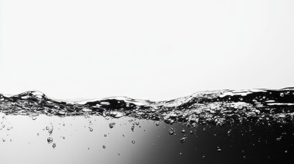 Poster - Captivating monochrome water surface with dynamic wave motion and sparkling bubbles against a bright white background for serene aquatic nature