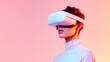 © Сергей Захаров - person wearing sleek virtual reality headset immersed in vivid digital world with copy space