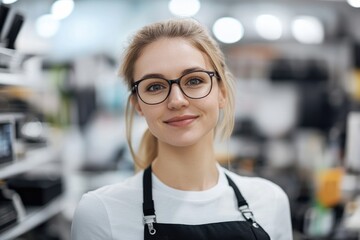 sales associate presents benefits of electronic equipment in store with blurred background