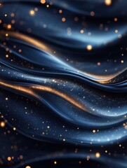 Poster - Abstract dark blue silk fabric with golden glitter accents elegant flowing curves and bokeh lights