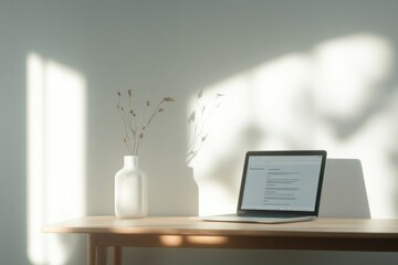Poster - serene minimalist home office setup with laptop open to online learning platform placed on tidy wooden desk surrounded